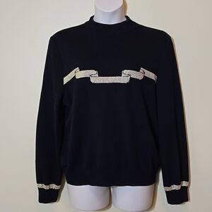 St. John Santana Knit Sweater Size L Ribbon Mock Neck Holiday Christmas